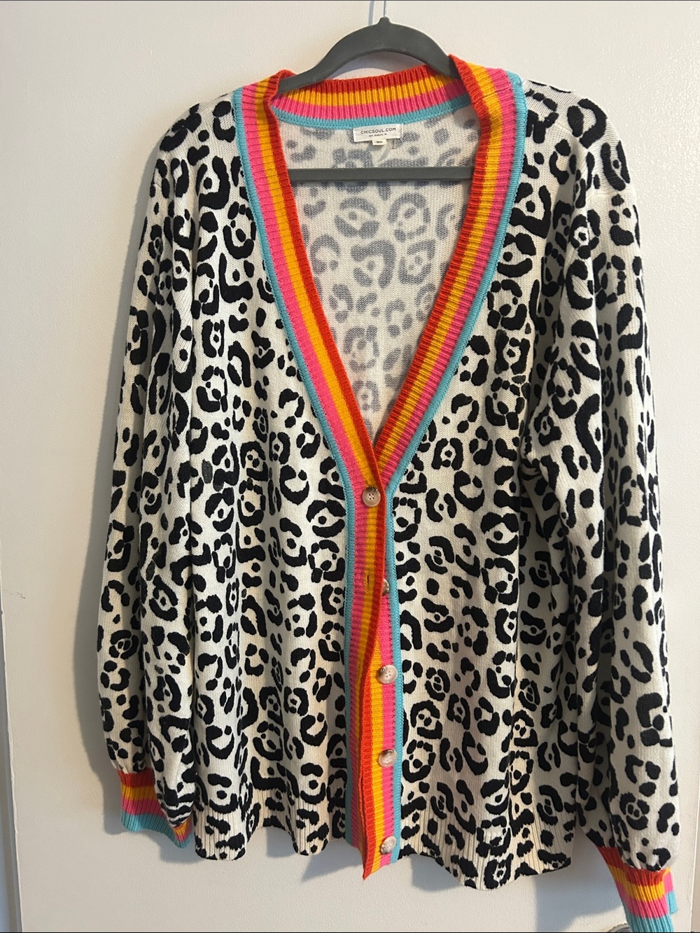 Leopard Print Cardigan with Rainbow Rib Trim